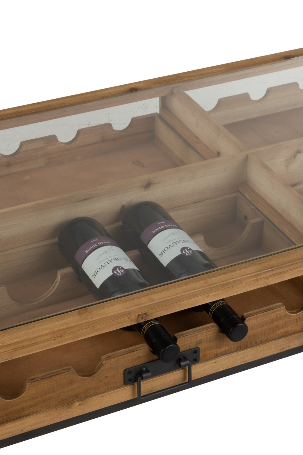 Table basse 2 tiroirs pour bouteilles FAKY métal noir et bois naturel.